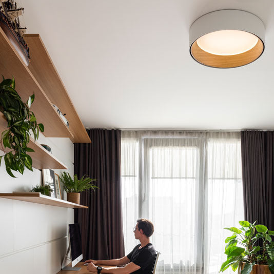 Duo Ceiling, Round Flat Small, 47.5 cm ø, Graphite with Wood Interior, 26.5W, LED, Dim