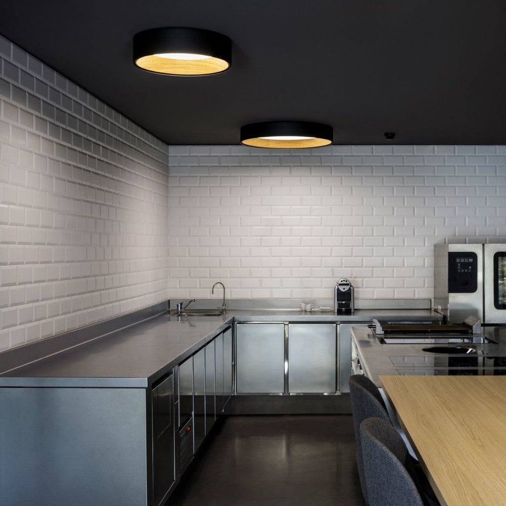 Duo Ceiling, Round Flat Small, 47.5 cm ø, Graphite with Wood Interior, 26.5W, LED, Dim