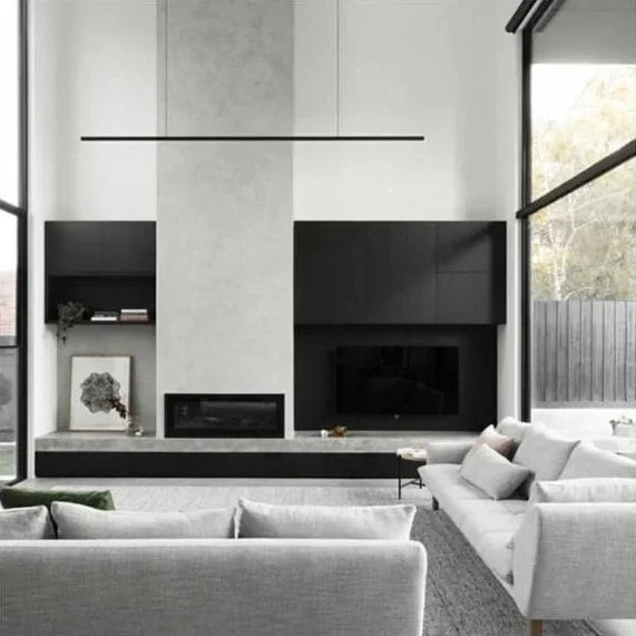 Highline Linear Pendant in Black in Lounge  with High Ceilings