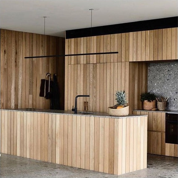Highline Linear Pendant in Black in Slatted Light Wood Kitchen with Black Tap