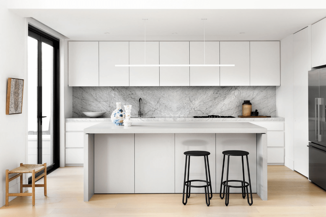 Highline Linear Pendant in White with Recessed Canopy over White Kitchen Island