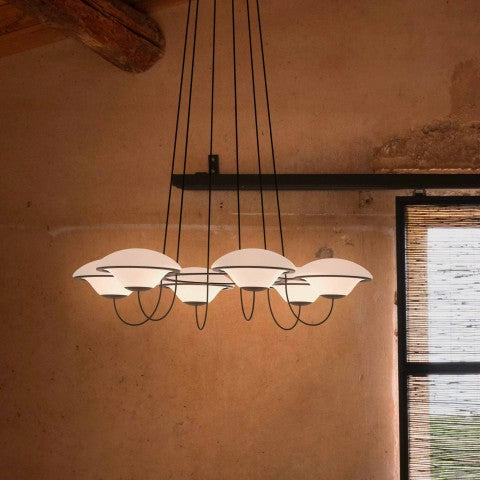 In The Air, 6 Light, Black Steel with White Glass Globes, E27, Triac Dim, IP20