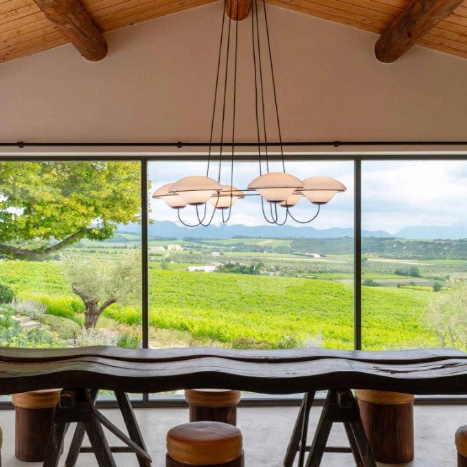 In The Air, 6 Light, Black Steel with White Glass Globes, E27, Triac Dim, IP20