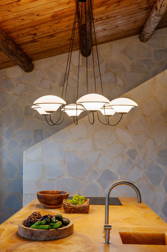 In The Air, 6 Light, Black Steel with White Glass Globes, E27, Triac Dim, IP20