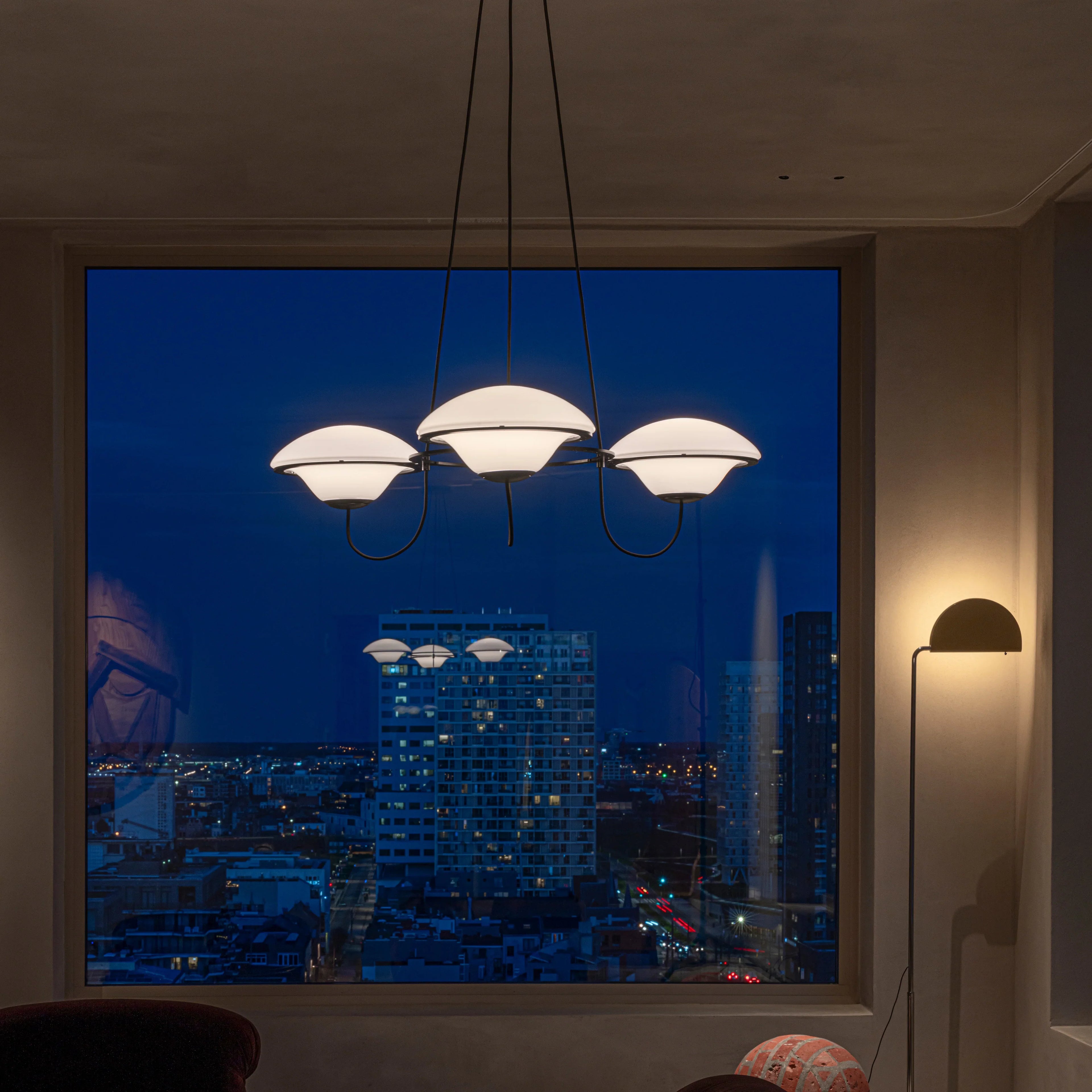 In The Air, 6 Light, Black Steel with White Glass Globes, E27, Triac Dim, IP20