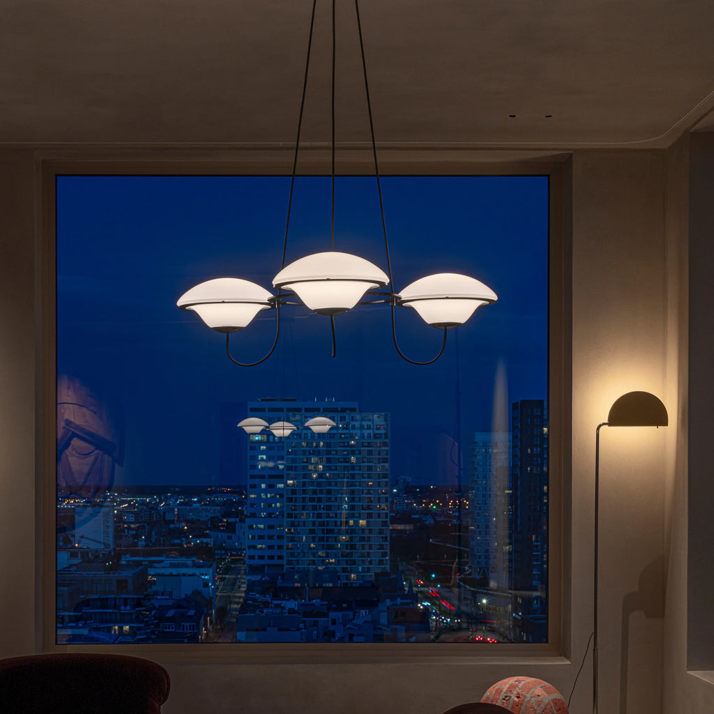 In The Air, 3 Light, Black Steel with White Glass Globes, E27, Triac Dim, IP20