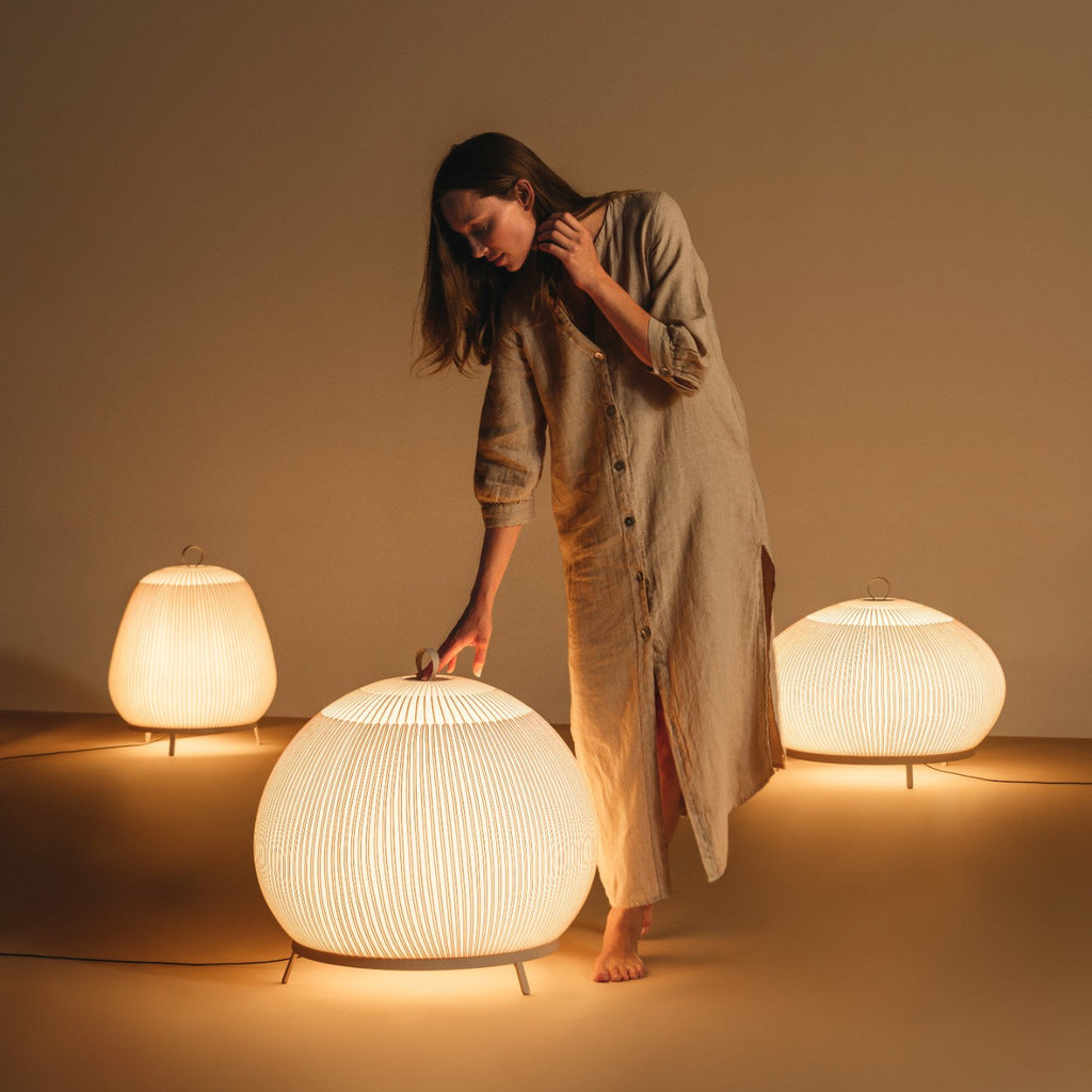 Knit Low Floor Lamp, Round, Stretch Knit Material over Polymer Orb, 33.6W, LED, Push Dim