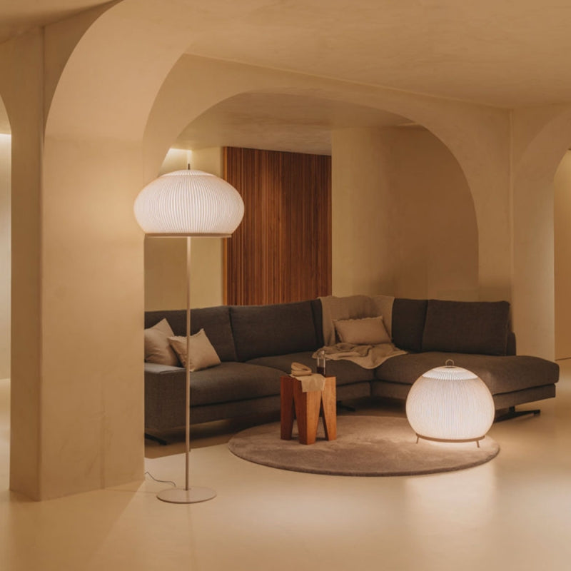 Knit Low Floor Lamp, Round, Stretch Knit Material over Polymer Orb, 33.6W, LED, Push Dim