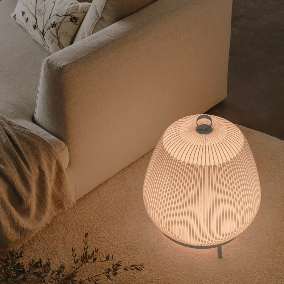 Knit Low Floor Lamp, Oval, Stretch Knit Material over Polymer Orb, 33.6W, LED, Push Dim