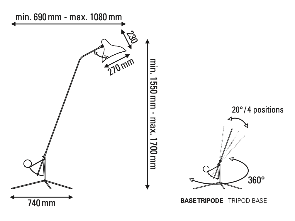 Mantis BS1 B Adjustable Floor Lamp with Tripod Base, Black, E14, On/Off, IP20