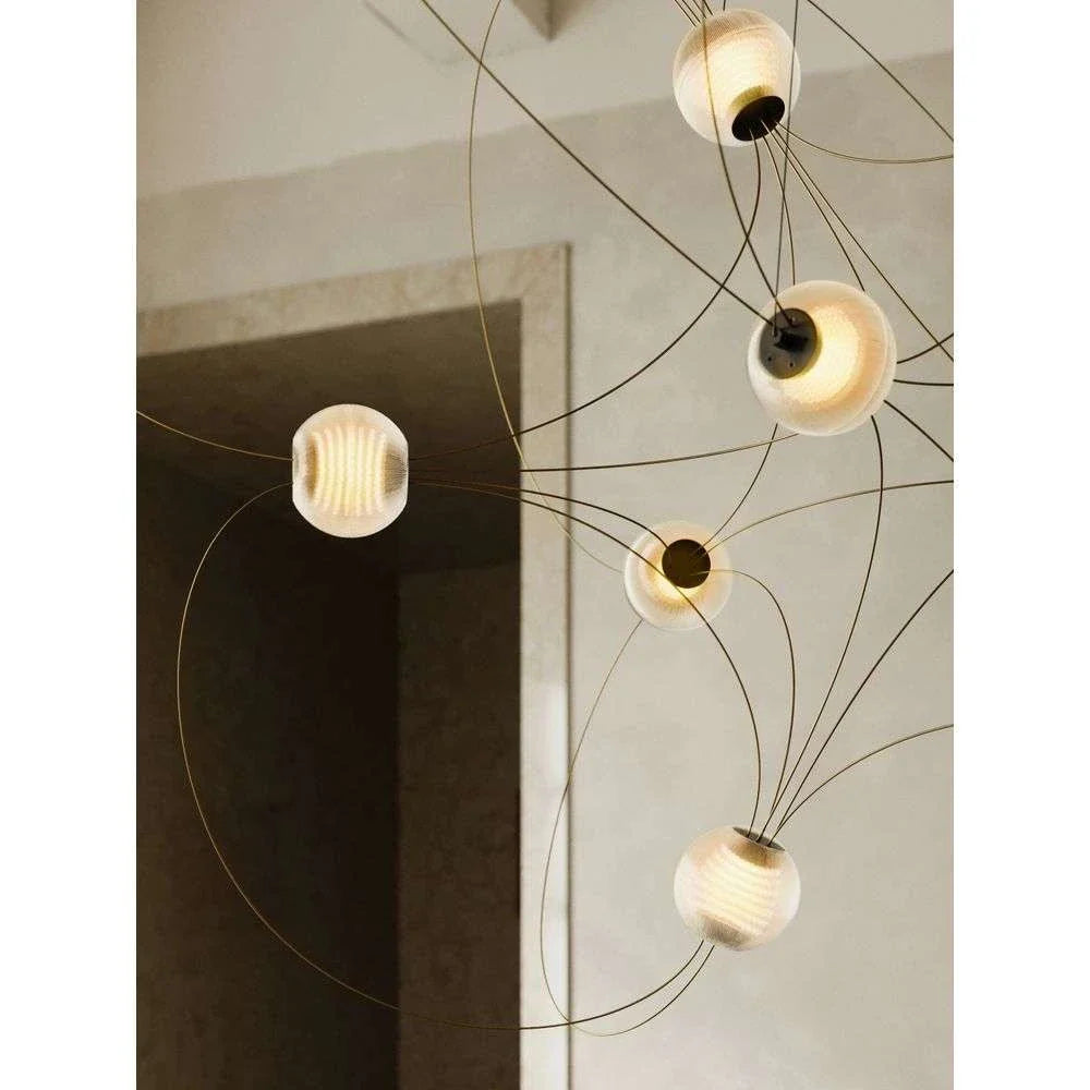 Munari 8, Linear, Gold Steel with Frosted Acrylic Spheres, LED, 26W, 2400K, Triac Dim, IP20