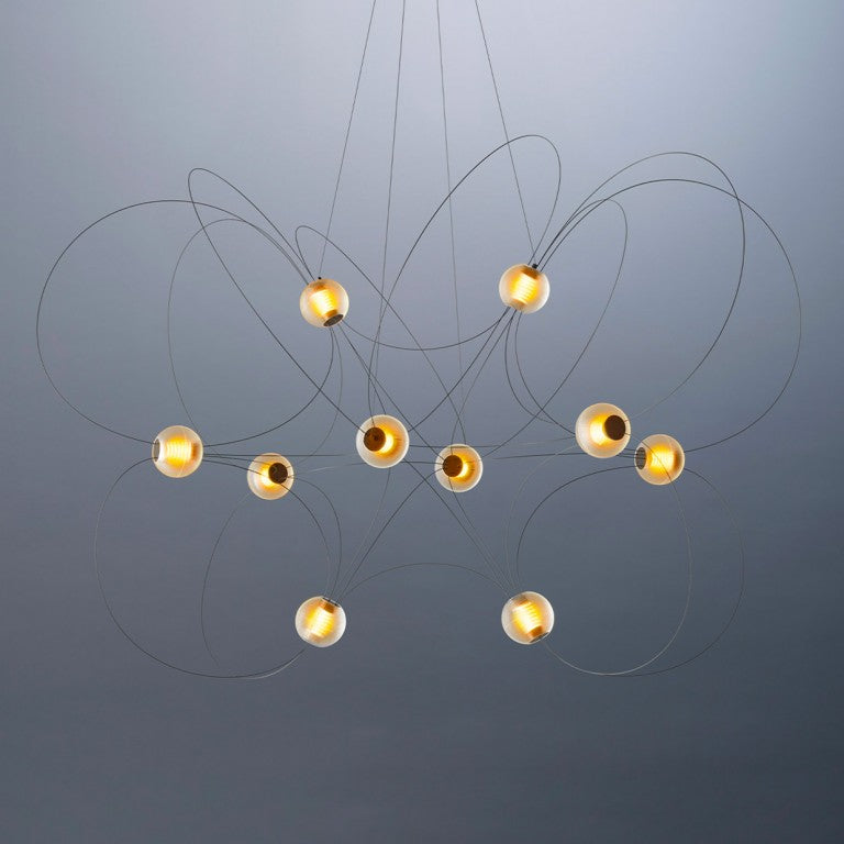 Munari 10, Oblong, Gold Steel with Frosted Acrylic Spheres, LED, 32W, 2400K, Triac Dim, IP20