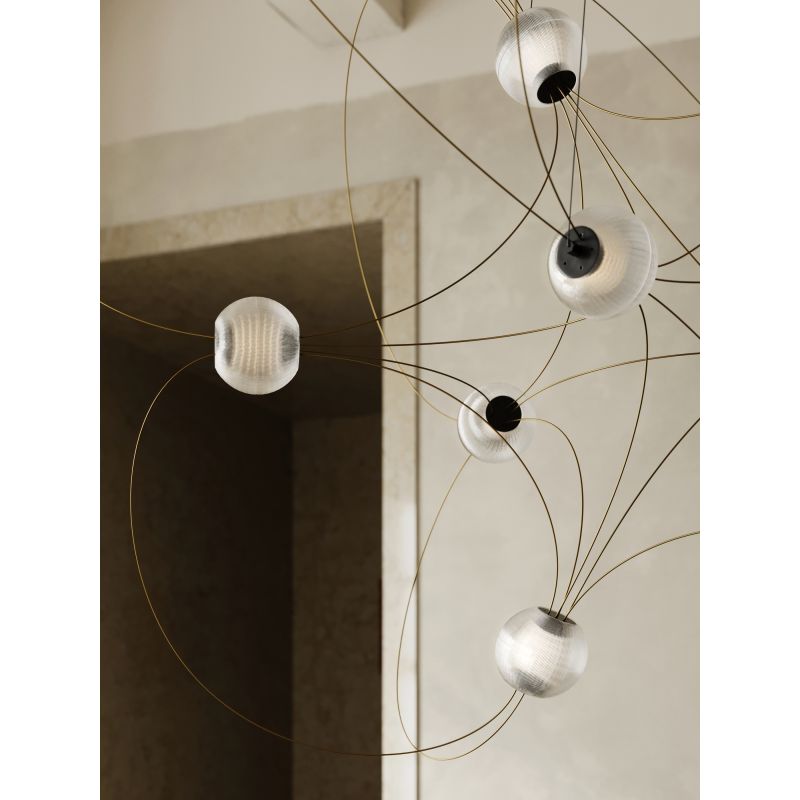 Munari 6, Round, Gold Steel with Frosted Acrylic Spheres, LED, 20W, 2400K, Triac Dim, IP20