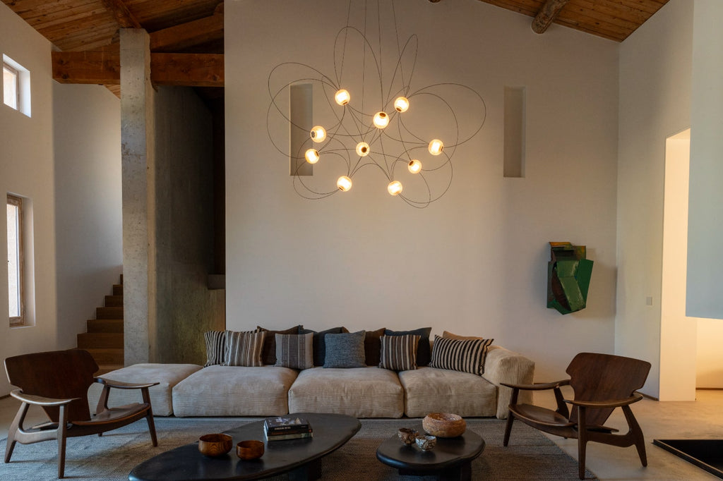 Munari 6, Round, Gold Steel with Frosted Acrylic Spheres, LED, 20W, 2400K, Triac Dim, IP20