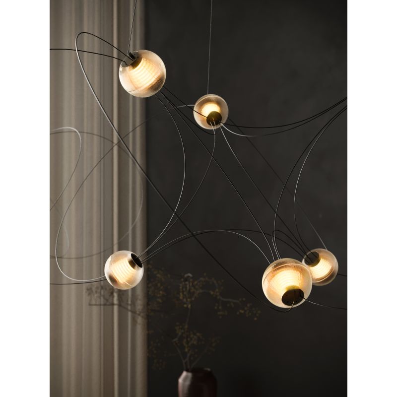 Munari 10, Oblong, Gold Steel with Frosted Acrylic Spheres, LED, 32W, 2400K, Triac Dim, IP20