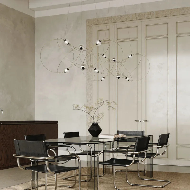 Munari 10, Oblong, Gold Steel with Frosted Acrylic Spheres, LED, 32W, 2400K, Triac Dim, IP20