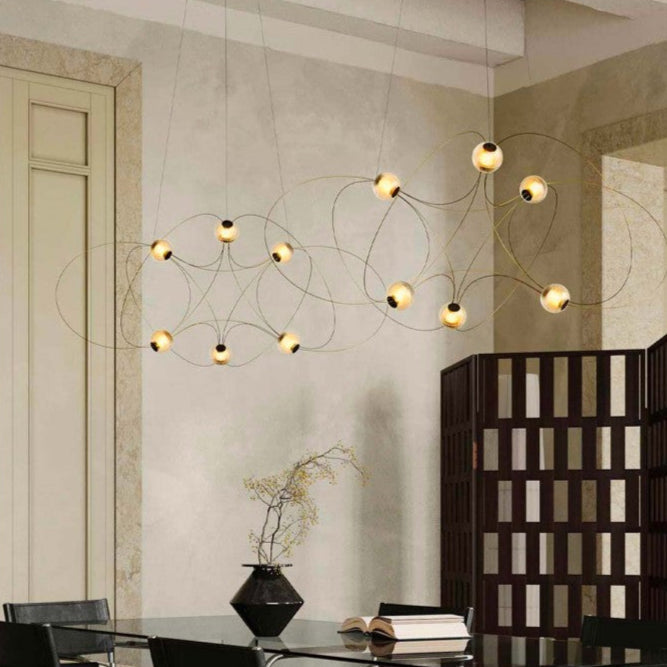 Munari 10, Oblong, Gold Steel with Frosted Acrylic Spheres, LED, 32W, 2400K, Triac Dim, IP20
