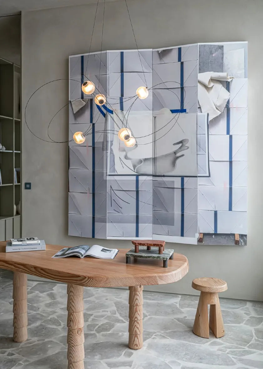 Munari 8, Linear, Gold Steel with Frosted Acrylic Spheres, LED, 26W, 2400K, Triac Dim, IP20