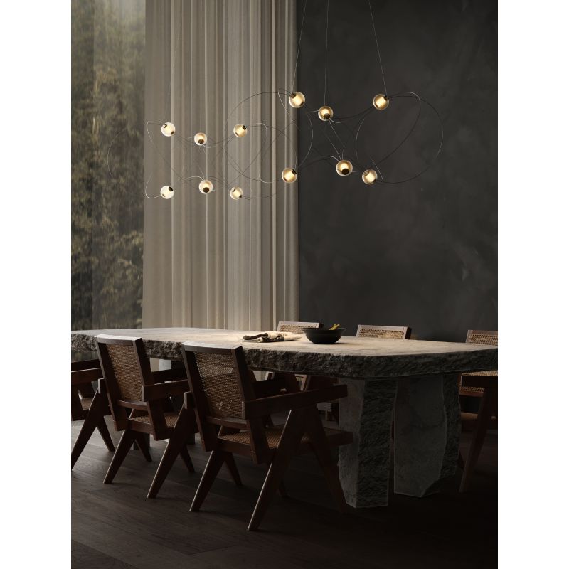 Munari 10, Oblong, Gold Steel with Frosted Acrylic Spheres, LED, 32W, 2400K, Triac Dim, IP20