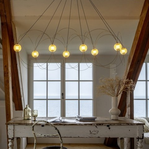 Munari 8, Linear, Gold Steel with Frosted Acrylic Spheres, LED, 26W, 2400K, Triac Dim, IP20