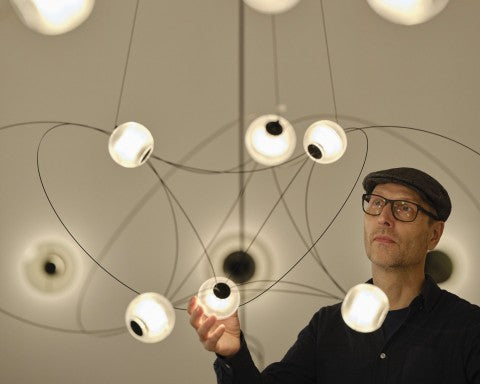 Munari 6, Round, Gold Steel with Frosted Acrylic Spheres, LED, 20W, 2400K, Triac Dim, IP20