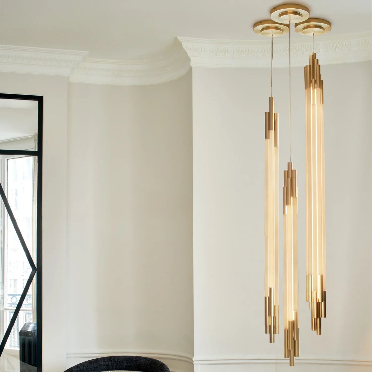 Org Pendant, Linear, Vertical, 2000 L, Gold, LED, Triac Dim, IP20