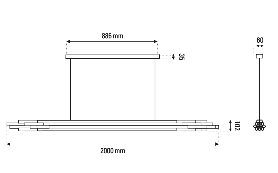 Org Pendant, Linear, Horizontal, 2000 L, Gold, LED, Triac Dim, IP20