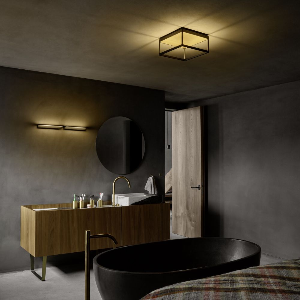 Reflex Ceiling 300 x 150 Black Finish with Gold Diffuser in Bedroom with Black Tub