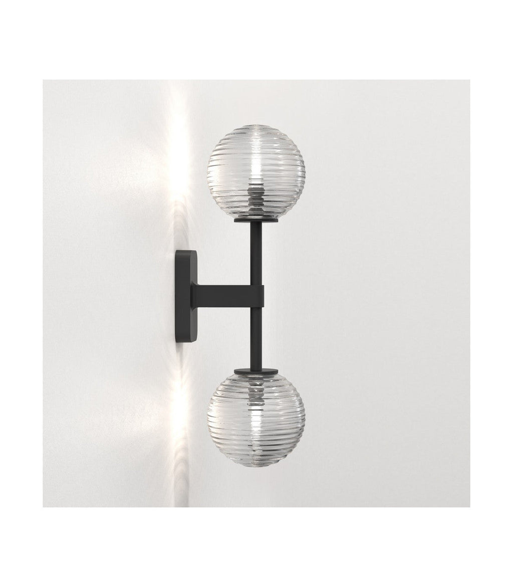 Tacoma Wall, Black, Double, Clear Ribbed Glass, G9, IP44