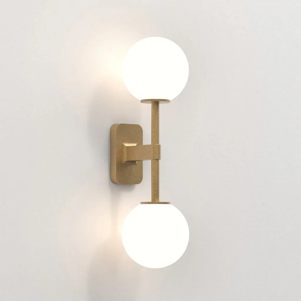 Tacoma Wall, Brass, Double, White Round Glass, G9, IP44