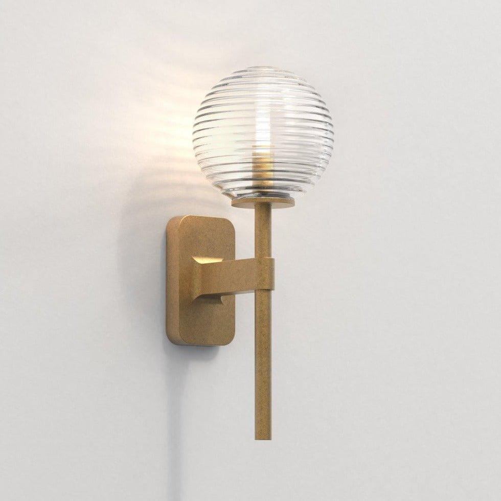 Tacoma Wall, Brass, Short Stem, Clear Ribbed Glass, G9, IP44