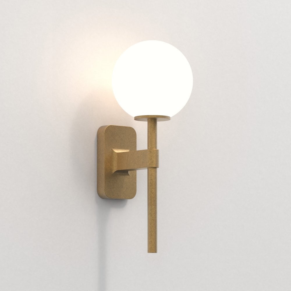 Tacoma Wall, Brass, Short Stem, White Round Glass, G9, IP44