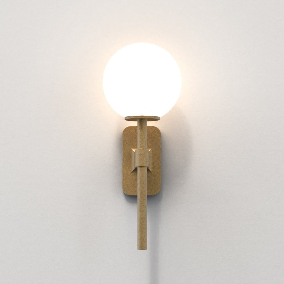 Tacoma Wall, Brass, Short Stem, White Round Glass, G9, IP44