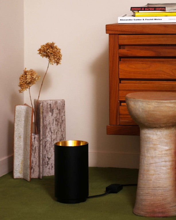 Tobo Floor Lamp, Uplight, Black with Brass Reflector, E27, Floor Switch Dim, IP20