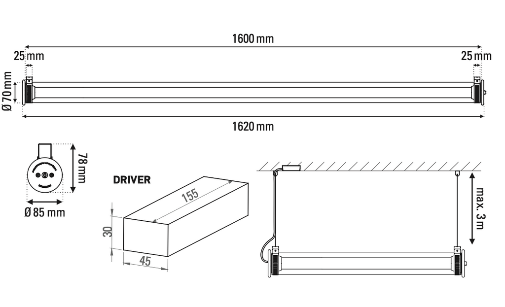 Tube 360 Pendant, Horizontal, 162 cm, White with Gold, LED, Triac Dim, IP65