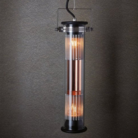 A vertical, tube-shaped pendant light with mesh diffuser, hanging against a neutral background.