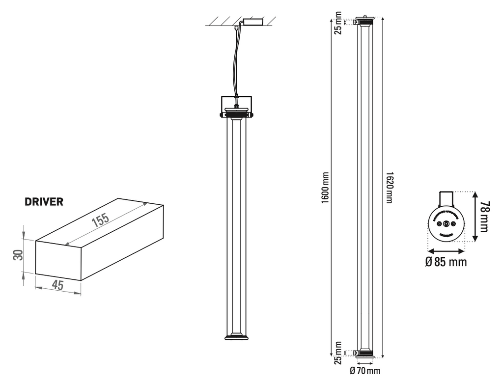 Tube 360 Pendant, Vertical, 162 cm, White, LED, Triac Dim, IP65